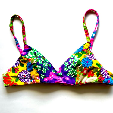 Vintage 60s 70s Psychedelic Barkcloth Bikini Bra Top Patchwork Floral Boho Hippie 1960s Swimsuit Top 1970s Swimwear 