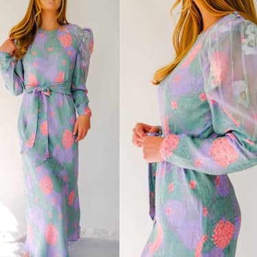 Vintage 80s Judy Hornby Couture Pastel Floral Brocade Silk Dress w/ Sheer Poof Shoulder Sleeves | 100% Silk | 1980s Designer Silk Maxi Dress 