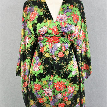 1970s - Kaftan - Black Floral - Neon - Hollywood Regency - One size fits many - by Berkshirt 