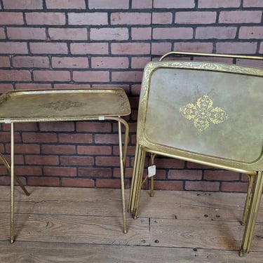 Set of 4 Green and Gold Metal TV Trays with Storage Rack 