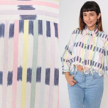 90s Ikat Striped Blouse Button up Shirt White Pastel Fringe Vertical Stripes Top Long Sleeve Cotton Cropped Vintage 1990s Oversized Small 
