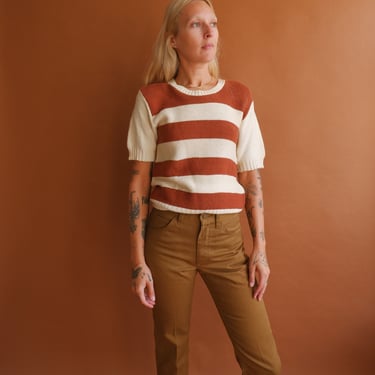 Vintage 60s Striped Short Sleeve Sweater/ 1960s Roos Bros Ivory Brown Thick Striped Knit/ Size Medium 