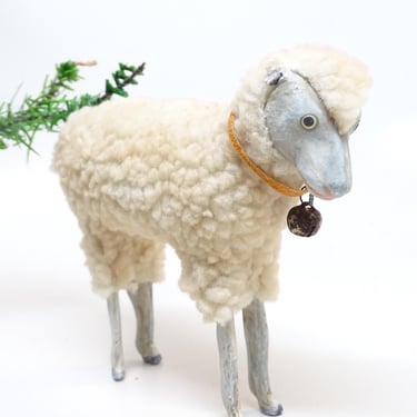 Large 4 1/2 Inch Vintage German Wooly Sheep with bell, for Putz or Christmas Nativity, Toy Animal 