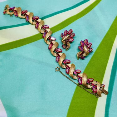 Trifari Gold and Pink AB Rhinestone Earrings and Bracelet Set