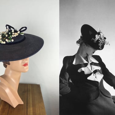 She Truly Couldn't Help It - Vintage 1940s Classic Navy Blue Straw Wide Brim Hat w/Snow Drop Florals 