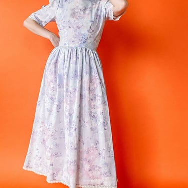 1980s Lilac Floral Puff Sleeve Dress, sz S