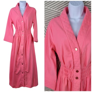 Vintage 70/80s Long Robe Housecoat Pink Stretch Waist Medium Large Button Up 