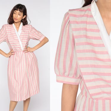 Striped Puff Sleeve Dress 80s Midi Dress Pink Wrap Dress V Neck Dress High Waisted Secretary Dress Vintage 1980s Medium 