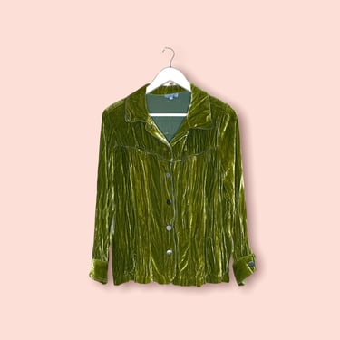 Vintage Drama Silk Blend Chartreuse Green Crushed Velvet Jacket, Large 