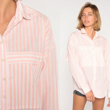 Pink Striped Blouse 90s Button Up Top Chest Pocket Shirt Retro Long Sleeve Preppy Basic Casual Collared Shirt White Vintage 1990s Large L 