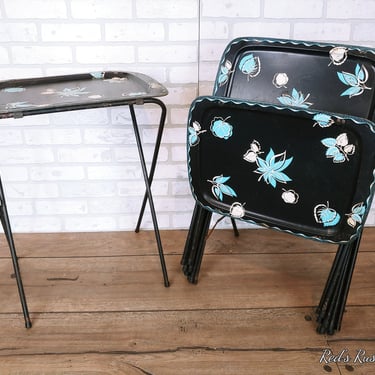 Set of 6 Black and Turquoise Leaf Metal TV Trays with Storage Rack 