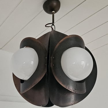 Mid-Century Midern Copper Chandalier/ Retro Cooper and Glass Chandalier/ Vintage Atomic Age Metal and Milk Glass Hanging Lamp/ MCM Brutalist 