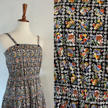 vintage 1940s pattern cotton black floral tank dress size xs to small 