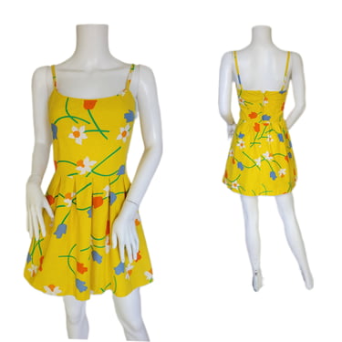 Malia 1970's Yellow Cotton Floral Print Short Sun Dress I Sz Sm I Hawaii I Hawaiian Dress 