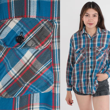 80s Plaid Shirt Blue Flannel Button Up Shirt Lumberjack Red White Checkered Print Collared Long Sleeve Cotton Top Vintage 1980s Men's Small 
