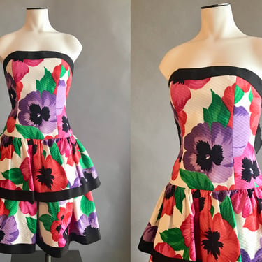 1980s Strapless Flower Print Dress / Cotton Pique Party Dress / 80s Flower Power Dress / Pansy Print / Size Extra Small Small 