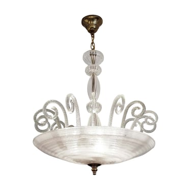 Vintage White Ribbed Bowl Murano Glass Chandelier