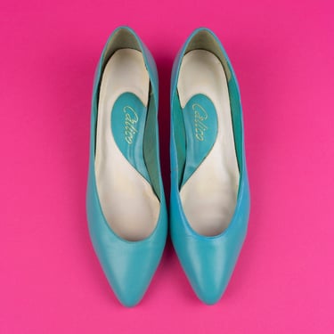 Vintage 80s CALICO Turquoise Kitten Heels Size 6.5N 