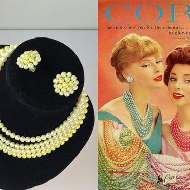 Marilyn & Rosemary In Their Pearltones - Vintage 1950s 1960s Lemon Yellow 4 Strand Ombre Pearl Lucite Necklace Set 