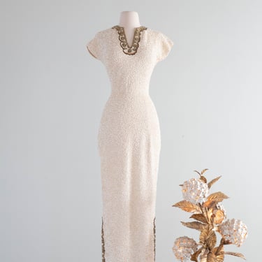 Spectacular 1950's Gene Shelly Ivory Sequined Evening Gown / SM