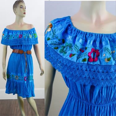 Vintage teal blue mexican off shoulder dress with floral embroidery, size XS to small, summer hippie 70s style boho peasant dress 