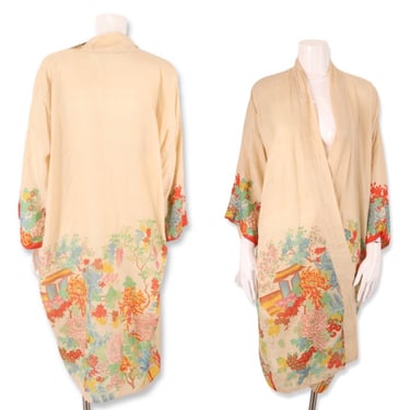 30s PONGEE silk Japanese kimono, vintage 1930s beige floral print Deco duster, rare 20s robe antique one size 