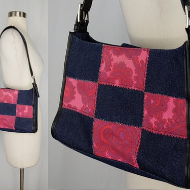 Vintage Y2K ESPIRT DE CORP Denim and Pink Paisley Patchwork Shoulder Bag Purse with Leather Buckle Handle Strap- 2000 Jean Small Purse 