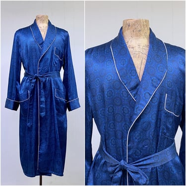 1970s 1980s Vintage Blue Foulard Shawl Collar Robe, Rayon Satin Smoking Jacket with Cotton Flannel Lining, Extra Large 48