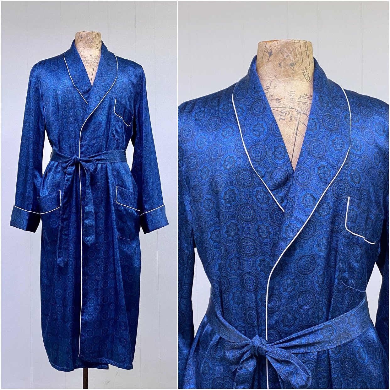 1970s 1980s Vintage Blue Foulard Shawl Collar Robe, | Ranch Queen ...
