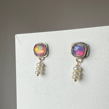 Aurora Opal studs with pearl cairn dangles 