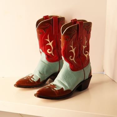 Vintage LUCCHESE Multi Color Leather Western Cowboy Boots sz 7.5 8 Women Blue Red Pointy 90s Y2K 