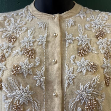 1950s beaded cardigan vintage cream pearl floral sweater medium 