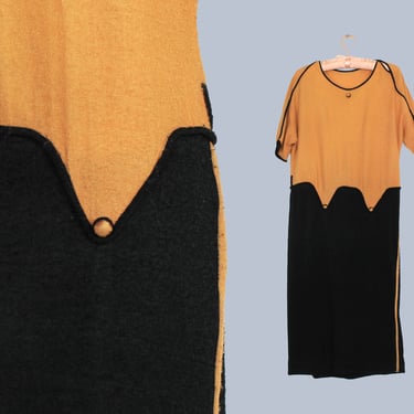 1930s Dress /  30s Deco Sportswear Dress / Yellow and Black Contrast Piped Raglan Dress / Terry Cloth 