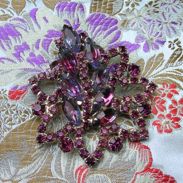 Vintage 1960's Purple Art Stone Brooch Unusual Color Flower Pin Fushia Violet & Purple Navette Leaf Mad Men Style 