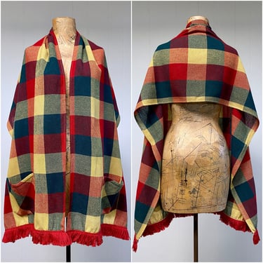 Vintage 1950s Plaid Wool Pocket Shawl with Fringe, Mid-Century Cottagecore Wrap, Tartan Stole, 76
