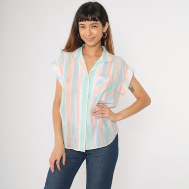 Vintage Pastel Striped Blouse 80s Thin Semi-Sheer Button Up Shirt White Peach Green Blue Short Cap Sleeve Top Retro Summer 1980s Large 12 