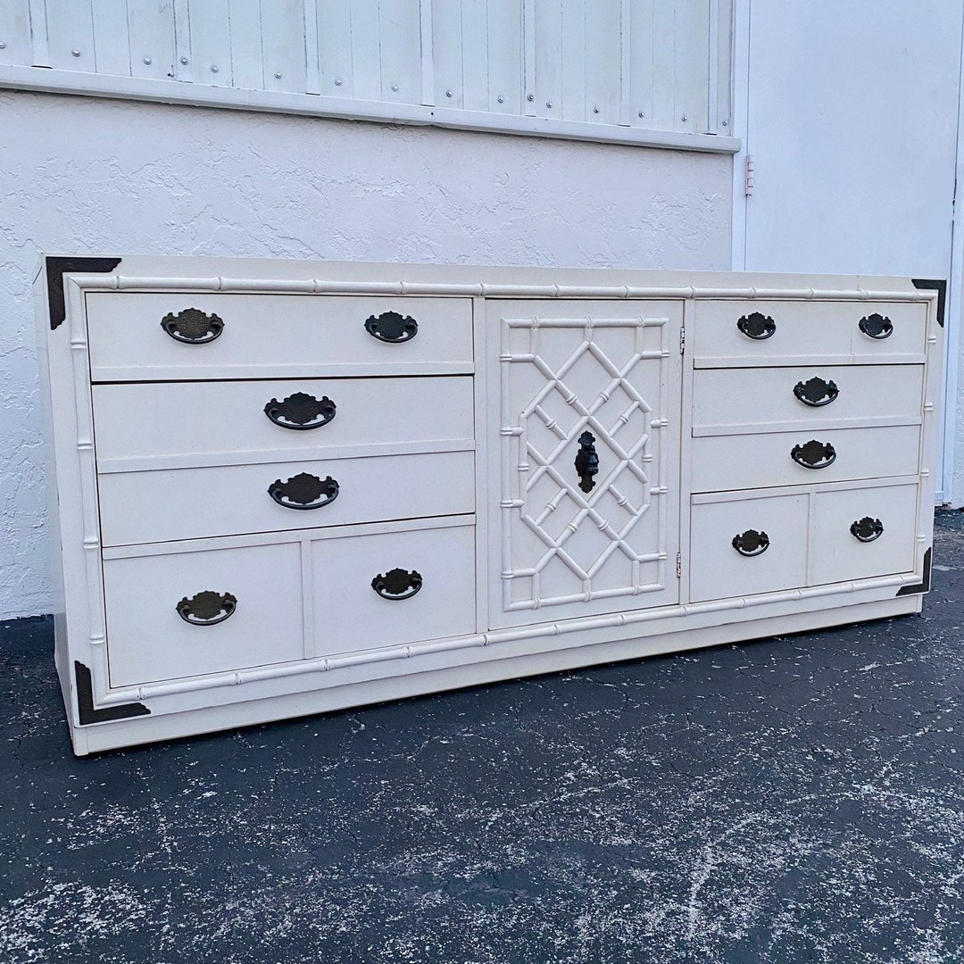 Vintage Chinoiserie Dresser with 9 Drawers by Thomasville Faux Bamboo