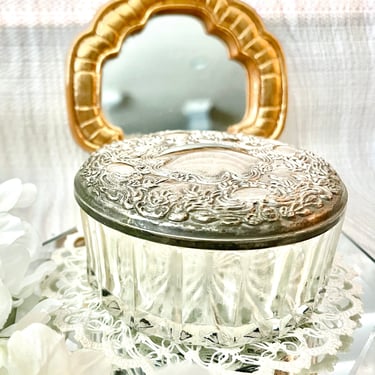 Faceted Glass Trinket Box, Ornate Metal Lid, Space for Engraving, Vintage Jewelry Organization 