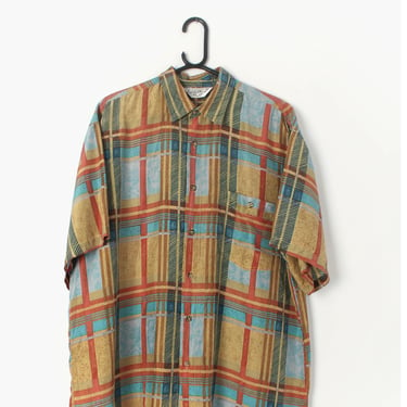 90s vintage plaid short sleeve silk shirt in orange-red, blue and green  - Large 