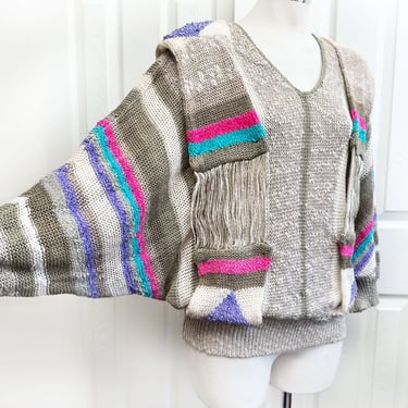 80's Dolman Bat Sleeve LINEN Art Sweater Knit Vintage Pullover Top Shirt 1970's, 1980's South West, Southwestern Indian Native 