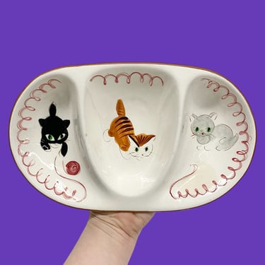 Vintage Stangl Pottery Divided Dish Retro 1950s Mid Century Farmhouse + Kitten Capers + Kids + Hand Painted Ceramic + Cats Catchall Storage 