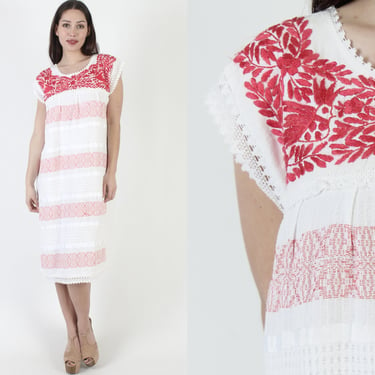 White Cotton Crochet Mexican Dress, Vintage Bird Floral Panelled Embroidery, Lace Shift Mexican Midi Dress 
