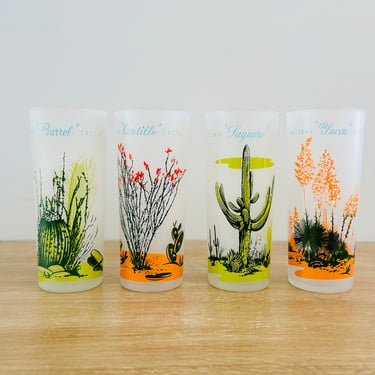 Mid Century Blakely Oil and Gas Tall Frosted Arizona Cactus Glasses - Set of 4 