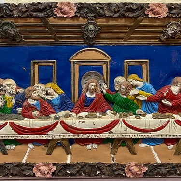 Item #DT1 Antique Kitschy Italian Fired Plaster 32″ Last Supper 3-D Relief c.1930