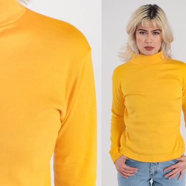 Yellow Turtleneck Shirt 80s Long Sleeve Shirt Pullover Top Funnel Retro Turtle Neck Simple Plain Cotton Vintage 1980s Skyr Large L 