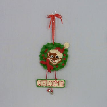 Vintage Christmas Chipmunk Welcome Sign - Needlepoint on Plastic Canvas - Squirrel Wreath Santa Hat Bell Red Bow 