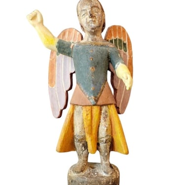 Antique Spanish Colonial Carved Polychrome Wood Santo Figure Archangel Saint Michael Folk Art Sculpture 