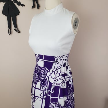 Vintage 1960's Floral Maxi Dress / 70s Purple White Dress XS/S 