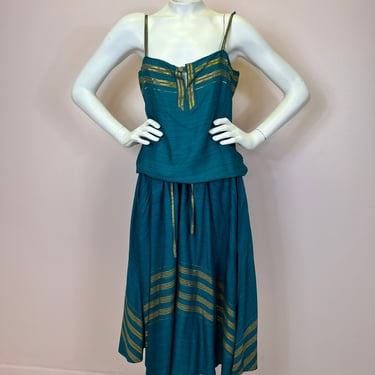 Vtg 70s India 2pc teal and gold rayon/lurex skirt dress set 