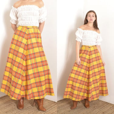 Vintage 1960s Skirt / 60s Plaid Cotton Maxi Skirt / Orange Yellow ( XS extra small ) 